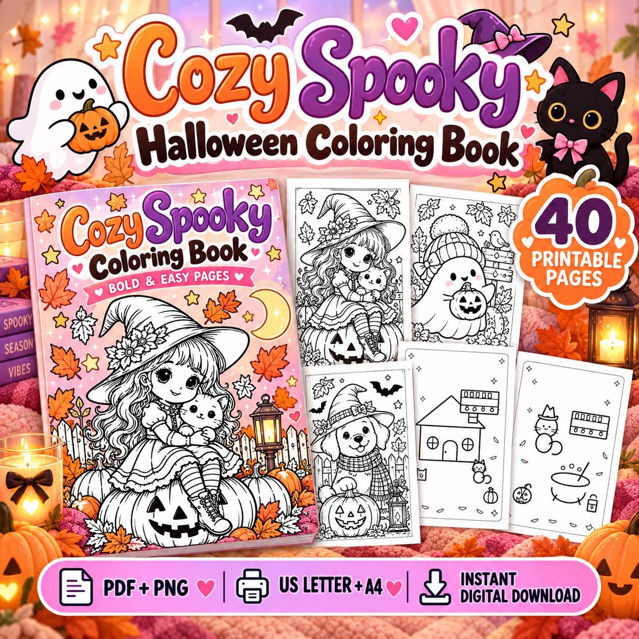 Cozy Halloween coloring book printable with spooky cute ghosts, witches, pumpkins and black-and-white coloring page previews