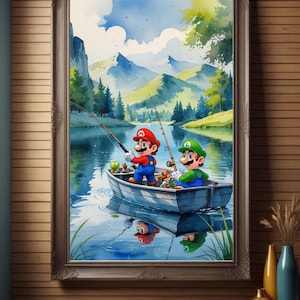 Mario and Luigi Fishing Watercolor Art Print: Nintendo Gamer Decor (Digital Download)