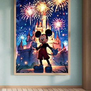 Magical Mickey Mouse with Fireworks at Castle – Vibrant Disney-Inspired Fantasy Art Print for Home Decor & Disney Fans,soccer poster,