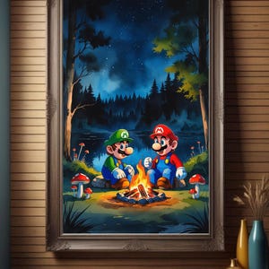 Super Mario Campfire | Art Print: Cozy Nintendo | Bros Gamer Decor | (Digital Download) POSTIR | PRINT