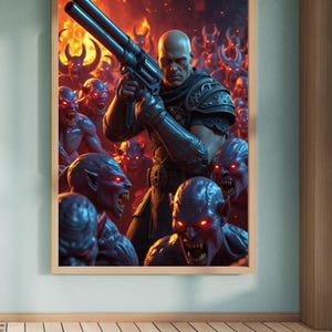 Doom Slayer with Massive Shotgun/POSTER/PRINT – Fiery Battle Digital Art Print for Doom Fans & Gamers/WIIL