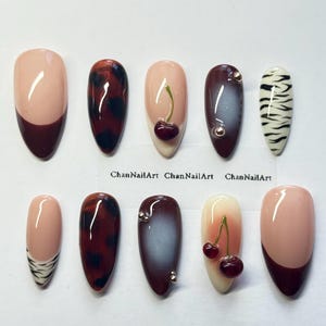 Fall cherries |Luxury Press On Nails |Almond Shape Cat Eye Chrome Design| Handmade Reusable Nail Set
