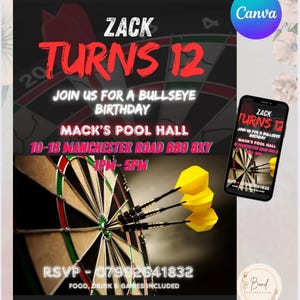 Darts Bullseye Birthday Party Invitation Download Editable Printable Canva Template
