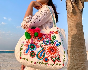 Luxury Balinese Hand-Embroidered Tote Bag - Large Artisan Beach Colorful TOTE Bag with Fluffy Pompoms