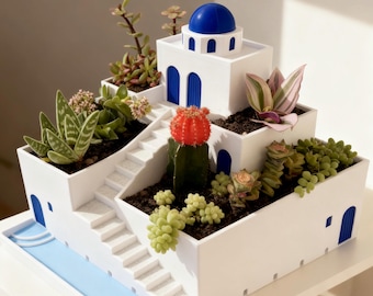 Jardineira em formato de escada Santorini: Decoração para casa em estilo de vila do Egeu com bandeja de drenagem integrada.