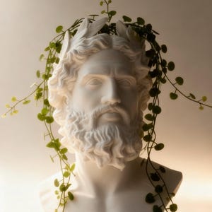 May include: A white bust of a classical male figure with a beard and laurel wreath. Green vines with small leaves cascade over the head and shoulders. The bust is set against a soft, neutral background.