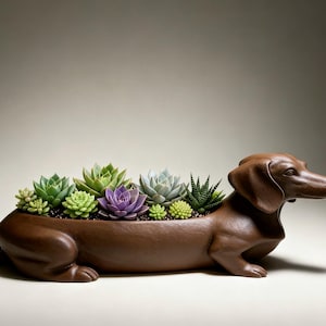 May include: A brown dachshund-shaped planter filled with a variety of succulents. The planter is a detailed sculpture of a dog. The succulents are a mix of green, purple, and blue-green hues, creating a colourful display. The planter is a decorative item.