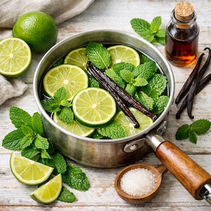 May include: A stainless steel pot filled with lime slices, mint leaves, and vanilla beans. Beside the pot are whole limes, a small glass bottle with a cork, vanilla beans, and a wooden spoon with sugar. The ingredients are arranged on a white wooden surface.