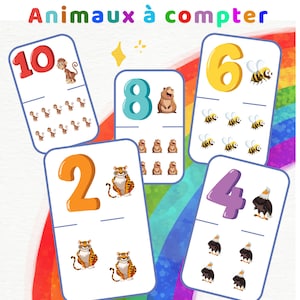 Op de afbeelding: Vijf rechthoekige educatieve kaarten met afgeronde hoeken en de tekst Animaux à compter. Elke kaart toont een groot kleurrijk cijfer en een bijbehorend aantal dierillustraties, waaronder apen, bevers, bijen, tijgers en adelaars.
