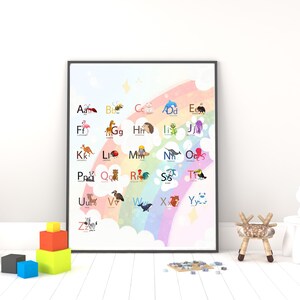 Peut inclure: Une affiche encadrée de l'alphabet avec des illustrations colorées et un fond arc-en-ciel. Les lettres A à Z sont affichées avec des images correspondantes. Un voilier jouet, des blocs de construction et une petite chaise sont au premier plan.