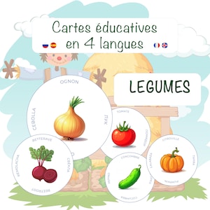 May include: Educational flashcards featuring illustrations of vegetables, including an onion, tomato, cucumber, beet, and pumpkin. The cards are labeled in multiple languages, with the text "Cartes éducatives en 4 langues" at the top.