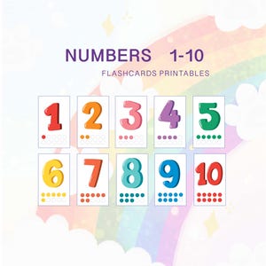 Peut inclure: Cartes flash colorées avec les chiffres de 1 à 10, accompagnés de motifs de points. Chaque chiffre est d'une couleur vive différente. Le texte "NUMBERS 1-10 FLASHCARDS PRINTABLES" est visible en haut.