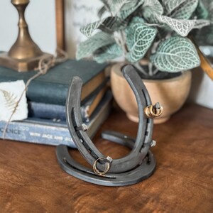 May include: A rustic horseshoe ring holder made of dark gray metal. Two horseshoes are welded together, with small metal pegs to hold rings. Two gold rings are displayed on the holder, which sits on a wooden surface.