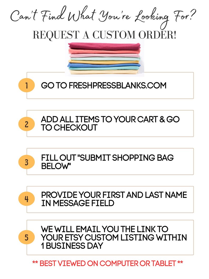 May include: White graphic with instructions for requesting a custom order. Text includes "Can't Find What You're Looking For? REQUEST A CUSTOM ORDER!" and steps to order. A stack of colorful fabric is at the top.