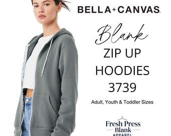 Bella Canvas 3739 Blank Hoodie – Unisex Full Zip Sponge Fleece Hooded Sweatshirt for Screen Print, HTV, DTG | Adult, Youth & Toddler Sizes