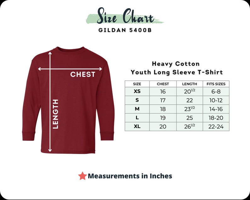 Puede incluir: Una camiseta de manga larga juvenil de color granate con una tabla de tallas. La tabla muestra medidas de pecho de 40,6 a 50,8 cm y largos de 52,1 a 67,3 cm. La camiseta es de algod&oacute;n grueso y est&aacute; disponible en tallas XS a XL.