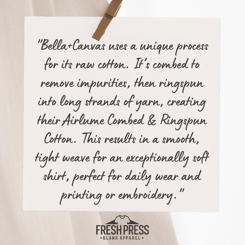 May include: A white card with black text clipped to a neutral background. The text describes the Bella+Canvas cotton process, highlighting its softness and suitability for printing. The Fresh Press Blank Apparel logo is at the bottom.