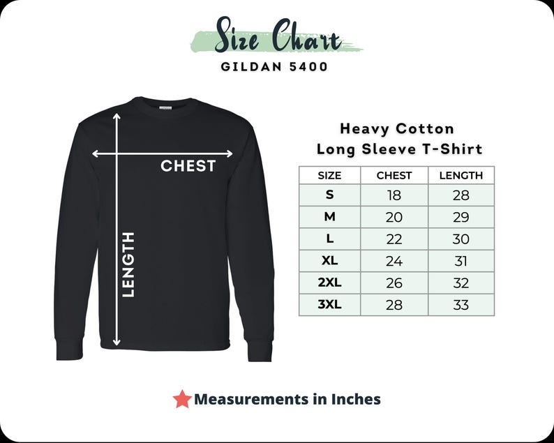 Puede incluir: Camiseta negra de manga larga con una tabla de tallas. La tabla muestra las medidas de pecho y largo en pulgadas para las tallas S a 3XL. El texto "Measurements in Inches" est&aacute; en la parte inferior.