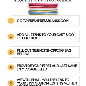 May include: White graphic with instructions for requesting a custom order. Text includes "Can't Find What You're Looking For? REQUEST A CUSTOM ORDER!" and steps to order. A stack of colourful fabric is at the top.