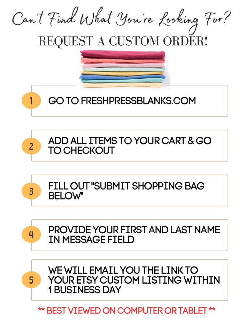 May include: White graphic with instructions for requesting a custom order. Text includes "Can't Find What You're Looking For? REQUEST A CUSTOM ORDER!" and steps to order. A stack of colourful fabric is at the top.