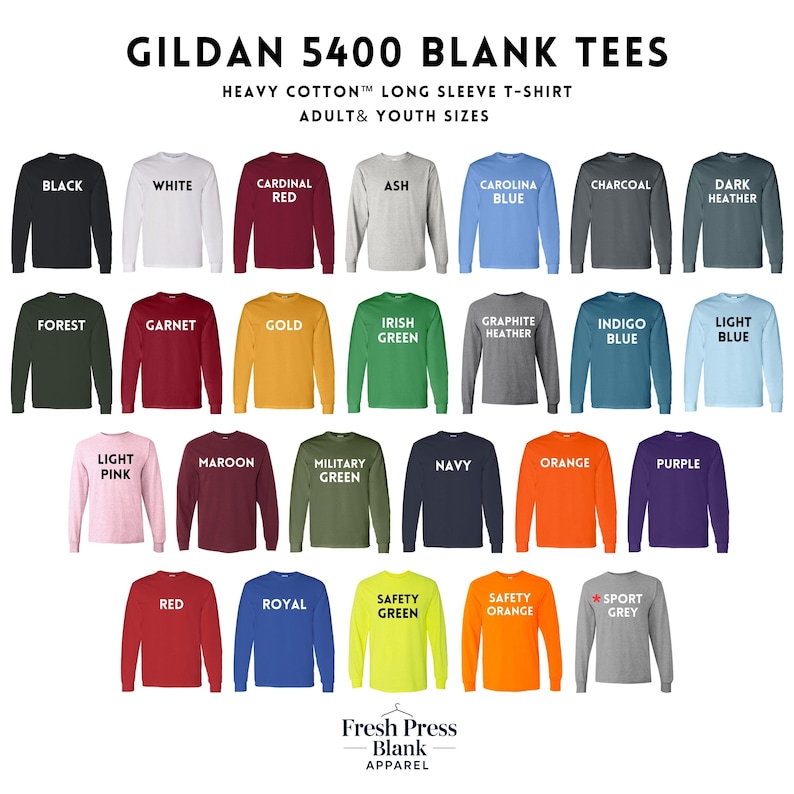Puede incluir: Una exhibici&oacute;n de camisetas de manga larga Gildan 5400 en blanco, disponibles en varios colores, como negro, blanco y rojo. Las camisetas est&aacute;n hechas de algod&oacute;n grueso y disponibles en tallas para adultos y j&oacute;venes. Tambi&eacute;n se muestra el logotipo de Fresh Press Blank Apparel.