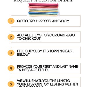 May include: White graphic with instructions for requesting a custom order. Text includes "Can't Find What You're Looking For?" and "Request a Custom Order!" with steps to order. A stack of colorful fabric is at the top.