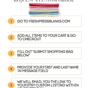 May include: White graphic with instructions for requesting a custom order. Text includes "Can't Find What You're Looking For? REQUEST A CUSTOM ORDER!" and steps to order. A stack of colorful fabric is at the top.