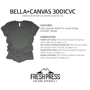 May include: A heather gray unisex short sleeve tee shirt. The shirt is made of a blend of cotton and polyester. The text on the image reads "BELLA+CANVAS 3001CVC" and "FRESH PRESS *BLANK APPAREL *."