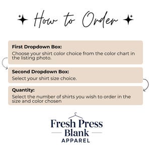 May include: An image with the text "How to Order" and instructions for choosing shirt colour, size, and quantity. The Fresh Press Blank Apparel logo is at the bottom.