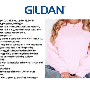 May include: A pale pink Gildan sweatshirt, featuring the brand's blue logo. The sweatshirt is a classic fit, made from a cotton/polyester blend. The image also includes product details about the sweatshirt.