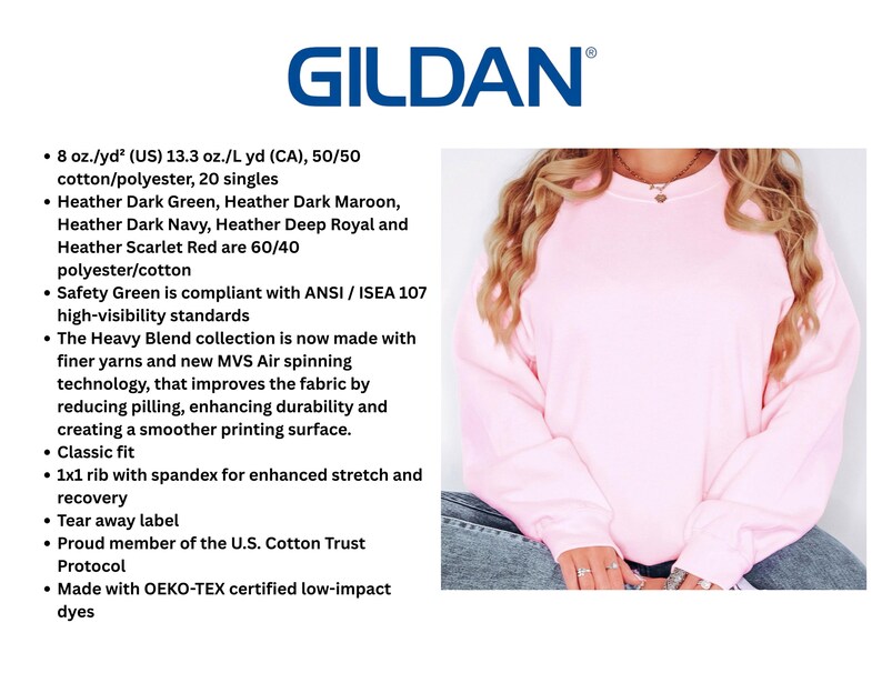 May include: A pale pink Gildan sweatshirt, featuring the brand's blue logo. The sweatshirt is a classic fit, made from a cotton/polyester blend. The image also includes product details about the sweatshirt.