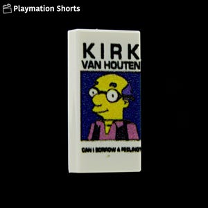 May include: A white rectangular block featuring the character Kirk Van Houten from The Simpsons. The image shows Kirk with yellow skin, glasses, and purple hair. The text "KIRK VAN HOUTEN" is above the image, and "CAN I BORROW A FEELING?" is below.