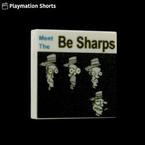 May include: A white rectangular block featuring the text "Meet The Be Sharps" above a black background with four cartoon figures wearing hats. The figures have exaggerated facial features and are in a line.