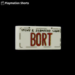 May include: A white license plate with the text "ITCHY & SCRATCHY LAND" above the word "BORT" in red glitter. The license plate has a rectangular shape and is set against a black background.