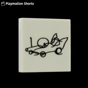 May include: A square, off-white tile with a black line drawing of a stick figure driving a car. The car has large wheels and a simple design. The text "Playmation Shorts" is in the top left corner.