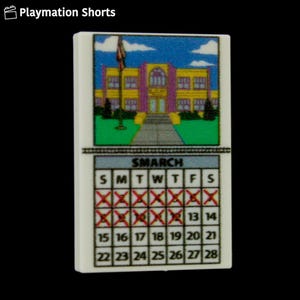 May include: A rectangular block featuring a school building illustration above a calendar for March. The calendar has dates crossed out, with the word "SMARCH" at the top. The block is set against a black background.