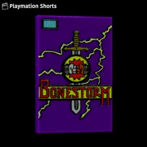 May include: A rectangular purple graphic with a gold sword, a yellow and red circular emblem with a fist, and the word "BONESTORM" in red and yellow. Yellow lightning bolts and a teal rectangle are also present.