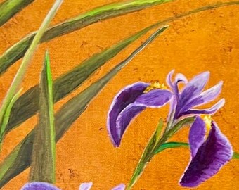 Purple Iris on distressed tan background with gold stenciling