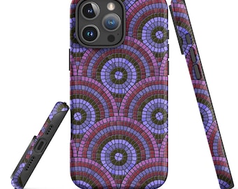 May include: A phone case with a mosaic pattern in shades of purple, red, and brown. The design features concentric circles and arched shapes, creating a geometric pattern. The case is shown from multiple angles, highlighting its design and form.