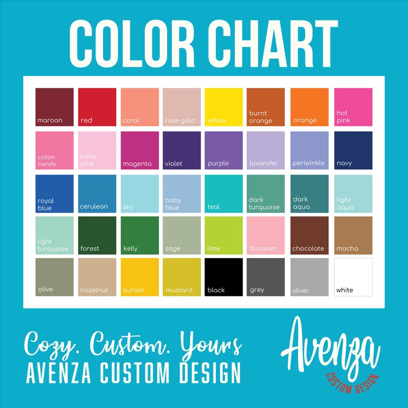 Puede incluir: Una carta de colores con una variedad de tonos, incluyendo granate, rojo y amarillo. La carta incluye el texto "COLOR CHART" en la parte superior y las palabras "Cozy. Custom. Yours. AVENZA CUSTOM DESIGN" en la parte inferior. La carta de colores est&aacute; sobre un fondo azul.