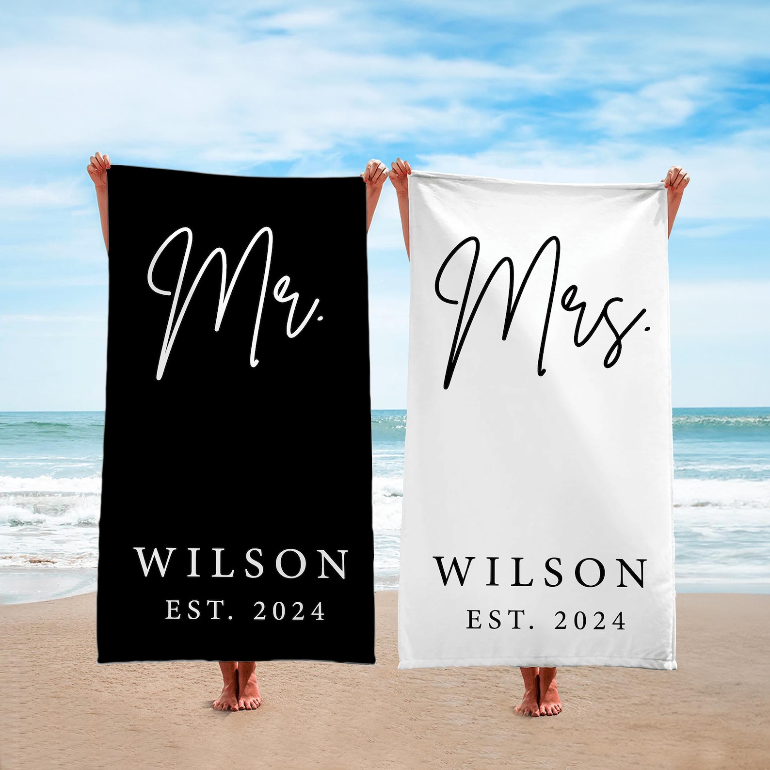 Mr. and Mrs. Beach Towels, Bride Personalized Beach Towel, bachelorette Couple Pool Towel, Wedding Newlywed Honeymoon Gift,