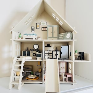 Handmade Wooden Dollhouse – Modern Design, Fully Furnished 3-Story Toy House – Educational Toy for Kids