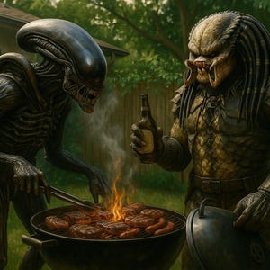 Puede incluir: Un Alien y un Depredador están asando filetes en una parrilla de carbón. El Alien usa pinzas para voltear la carne, mientras que el Depredador sostiene una botella. La escena está ambientada al aire libre con una casa y árboles al fondo.