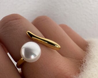 Adjustable Stainless Steel Gold Pearl Ring, Minimalist Women's Ring, Elegant White Pearl Ring, Gift for Women