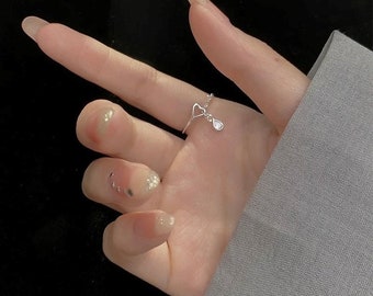 Simple Tassel Heart Rhinestone Adjustable Rings Silver Color Chain Pendant Ring Romantic Circle Geometric Rings Women Girl Finger Jewelry