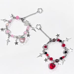 Handmade Nana & Hachi Inspired Y2K Strawberry Charm Bracelet | Pink Beaded Anime Friendship Jewelry