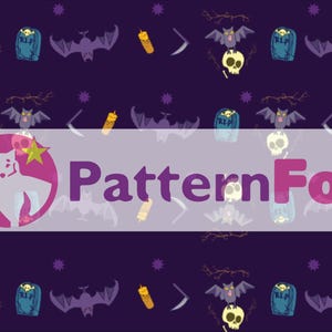 以下が含まれることがあります： 暗い紫色の背景に、ハロウィーンをテーマにしたイラストが繰り返されるパターン。デザインには、コウモリ、墓石、スカル、星が含まれています。「PatternFox」のテキストがデザインに重ねられています。