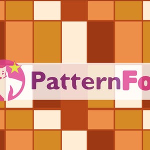 May include: A geometric pattern design featuring a grid of orange, brown, and cream-colored squares. The PatternFox logo is displayed in the center, with a pink circle containing a white fox and yellow stars, and the text "PatternFox" in purple and pink.