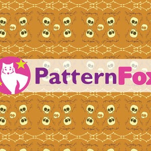 May include: A repeating pattern of cartoon skulls and crossbones on an orange background. The design includes a white fox logo with the text "PatternFox" in purple and pink. The pattern is suitable for Halloween or gothic-themed products.
