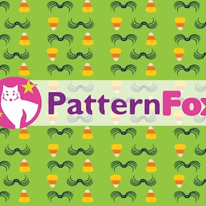 May include: A repeating pattern on a green background featuring black spider silhouettes, candy corn, and mustache shapes. The text "PatternFox" is displayed in purple. A pink circle with a white fox and stars is in the upper left corner.